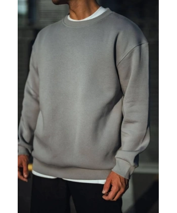 Biçomi Kışlık Bisiklet Yaka Üç İplik Basic SweatShirt - Boyalı Gri
