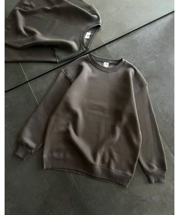 Biçomi Kışlık Bisiklet Yaka Üç İplik Basic SweatShirt - Füme