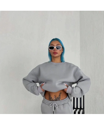 Biçomi Kışlık Bisiklet Yaka Üç İplik Basic SweatShirt - Gri