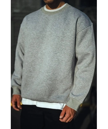 Biçomi Kışlık Bisiklet Yaka Üç İplik Basic SweatShirt - Gri