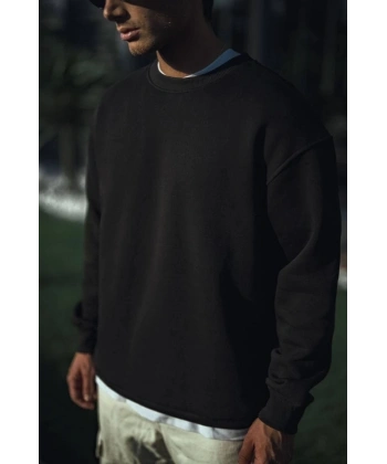 Biçomi Kışlık Bisiklet Yaka Üç İplik Basic SweatShirt - Siyah