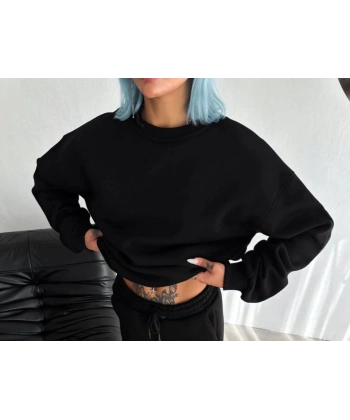 Biçomi Kışlık Bisiklet Yaka Üç İplik Basic SweatShirt - Siyah