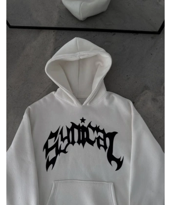 Biçomi Kışlık Kapşonlu Baskılı Oversize SweatShirt- Beyaz