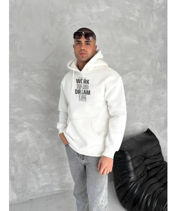 Biçomi Kışlık Üç İplik Kapşonlu SweatShirt - Beyaz