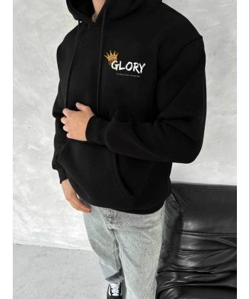 Biçomi Kışlık Üç İplik Kapşonlu SweatShirt - Siyah