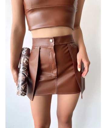 BİÇOMİ Kontrast deri etek kahve w260015