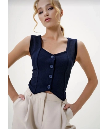 BİÇOMİ Krep kumaş düğmeli yelek lacivert s3395