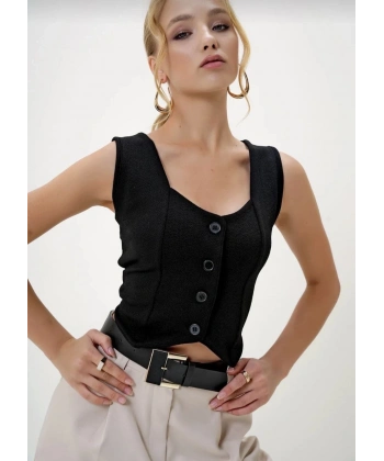 BİÇOMİ Krep kumaş düğmeli yelek siyah s3395