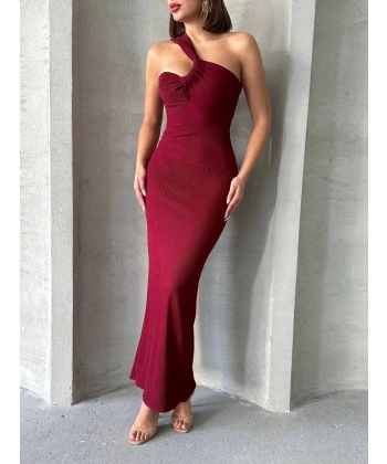 BİÇOMİ Krinkıl tek omuz uzun elbise bordo s25455