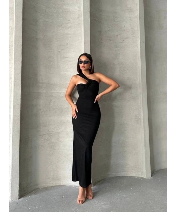 BİÇOMİ Krinkıl tek omuz uzun elbise siyah s25455