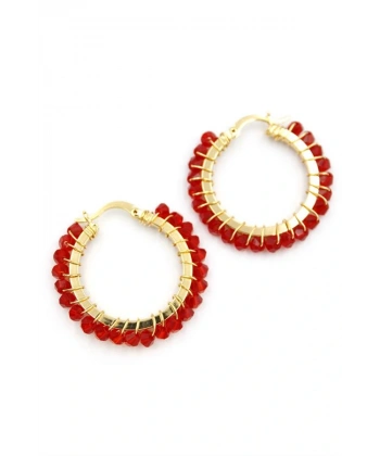 biçomi Kristal Boncuk Halka Küpe - Kırmızı