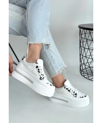 BİÇOMİ Lawin Beyaz Cilt Beyaz Simli Bağcıklı Spor Ayakkabı