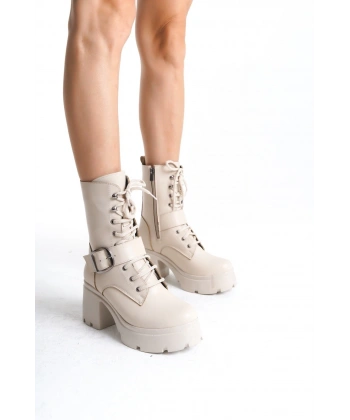 BİÇOMİ Linma Bej Cilt Bağcıklı Topuklu Bot