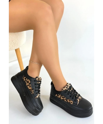 BİÇOMİ Lorrin Siyah Cilt Leopar Detaylı Bağcıklı Spor Ayakkabı