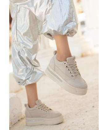 BİÇOMİ Lulu Bej Cilt Bağcıklı Spor Ayakkabı