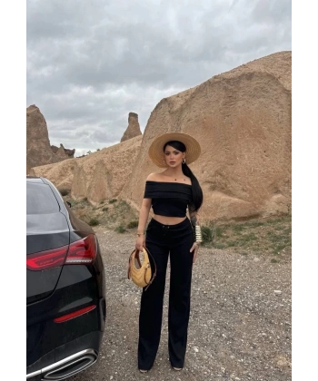 BİÇOMİ Madonna yaka bol paça pantolonlu takım