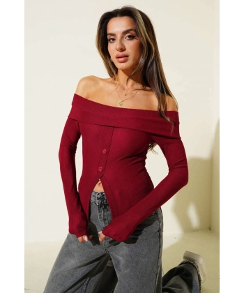 BİÇOMİ Madonna Yaka Düğmeli Bluz bordo t4329