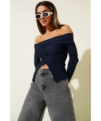 BİÇOMİ Madonna Yaka Düğmeli Bluz Lacivert t4329