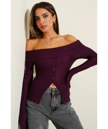 BİÇOMİ Madonna Yaka Düğmeli Bluz Mürdüm t4329