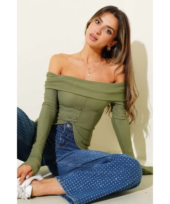 BİÇOMİ Madonna Yaka Düğmeli Bluz yeşil t4329