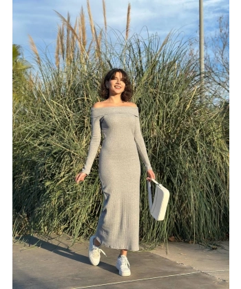 BİÇOMİ Madonna yaka uzun elbise şardonlu kumaş gri w3753