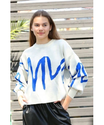 BİÇOMİ Mavi çizgili bisiklet yaka kazak beyaz