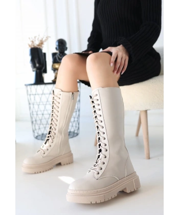 BİÇOMİ Mennd Bej Cilt Bağcıklı Çizme