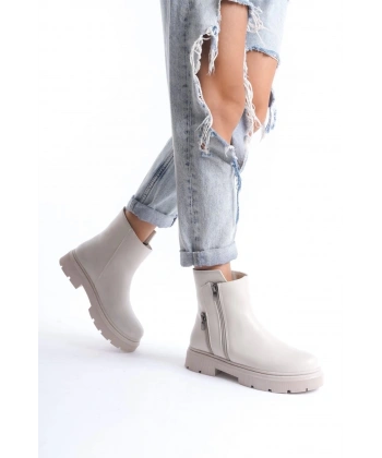 BİÇOMİ Menta Bej Cilt Fermuar Aksesuarlı Bot