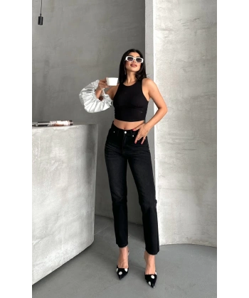 BİÇOMİ Mom fit enzim bıyıklı taş yıkama jeans pantolon siyah d2006