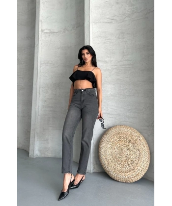 BİÇOMİ Mom fit enzim taş yıkama jeans pantolon füme d2006