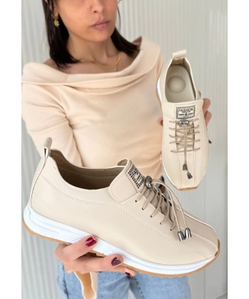 BİÇOMİ Monya Bej Cilt Bağcıklı Spor Ayakkabı