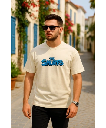 Biçomi Ön Ve Arka Baskılı Oversize Bisiklet Yaka T-shirt- Beyaz