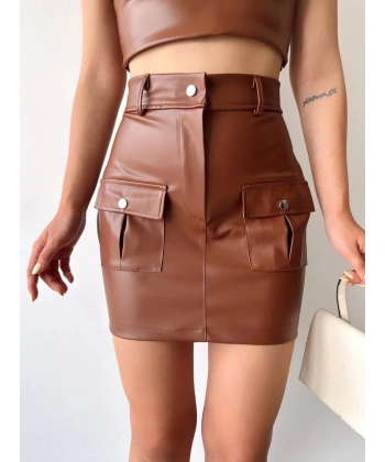 BİÇOMİ Önden iki cepli deri etek kahve h240040