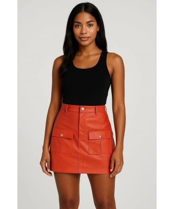 BİÇOMİ Önden iki cepli deri etek turuncu h240040