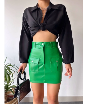 BİÇOMİ Önden iki cepli deri etek yeşil h240040