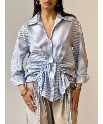 BİÇOMİ Önü büzgü detaylı çizgili gömlek