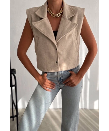 BİÇOMİ Önü çıtçıtlı cepli kaşe yelek bej f2253