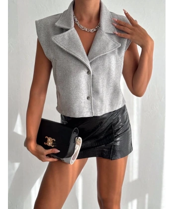 BİÇOMİ Önü çıtçıtlı cepli kaşe yelek gri f2253