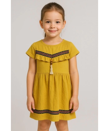BİÇOMİ Önü püsküllü boncuk detaylı kız çocuk elbisesi hardal