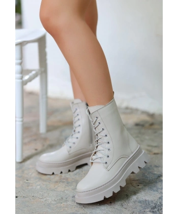 BİÇOMİ Orge Bej Cilt Bağcıklı Bot