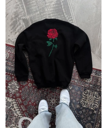 Biçomi Oversize Üç İplik Bisiklet Yaka Baskılı SweatShirt - Siyah