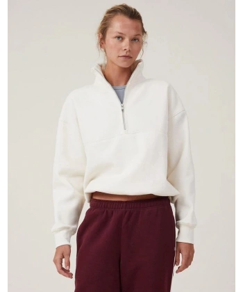 Biçomi Oversize Yarım Farmuarlı Yakalı Basic SweatShirt - Beyaz