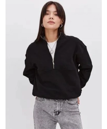 Biçomi Oversize Yarım Farmuarlı Yakalı Basic SweatShirt - Siyah
