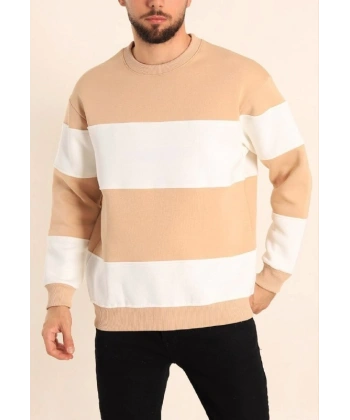 Biçomi Parçalı Bisiklet Yaka Baskılı SweatShirt - Bej