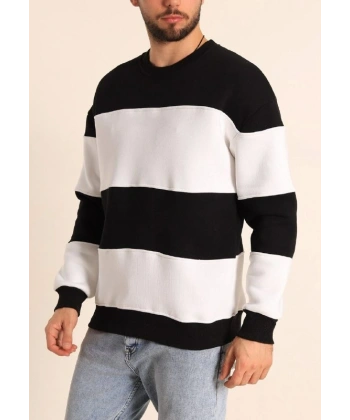 Biçomi Parçalı Bisiklet Yaka Baskılı SweatShirt - Siyah