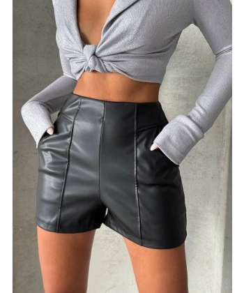 BİÇOMİ Parçalı cepli deri şort siyah w26312