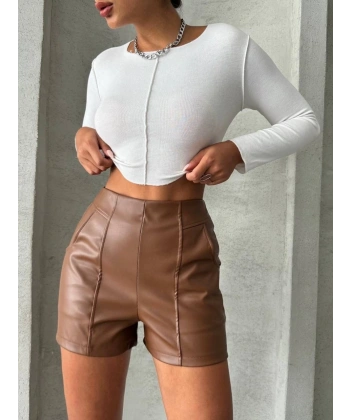 BİÇOMİ Parçalı cepli deri şort taba w26312