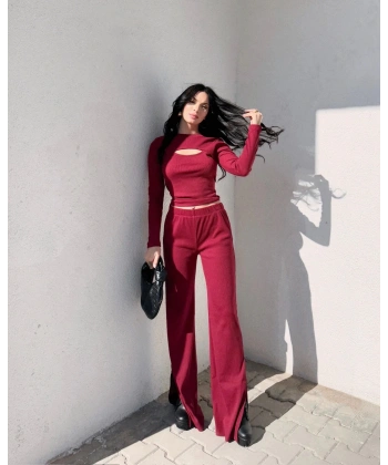 BİÇOMİ Pencereli detaylı alt üst takım bordo w3864