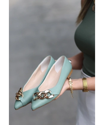 BİÇOMİ Popi Mint Yeşili Cilt Zincirli Babet Ayakkabı