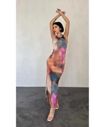 Biçomi Renkli Batik Desenli Elbise